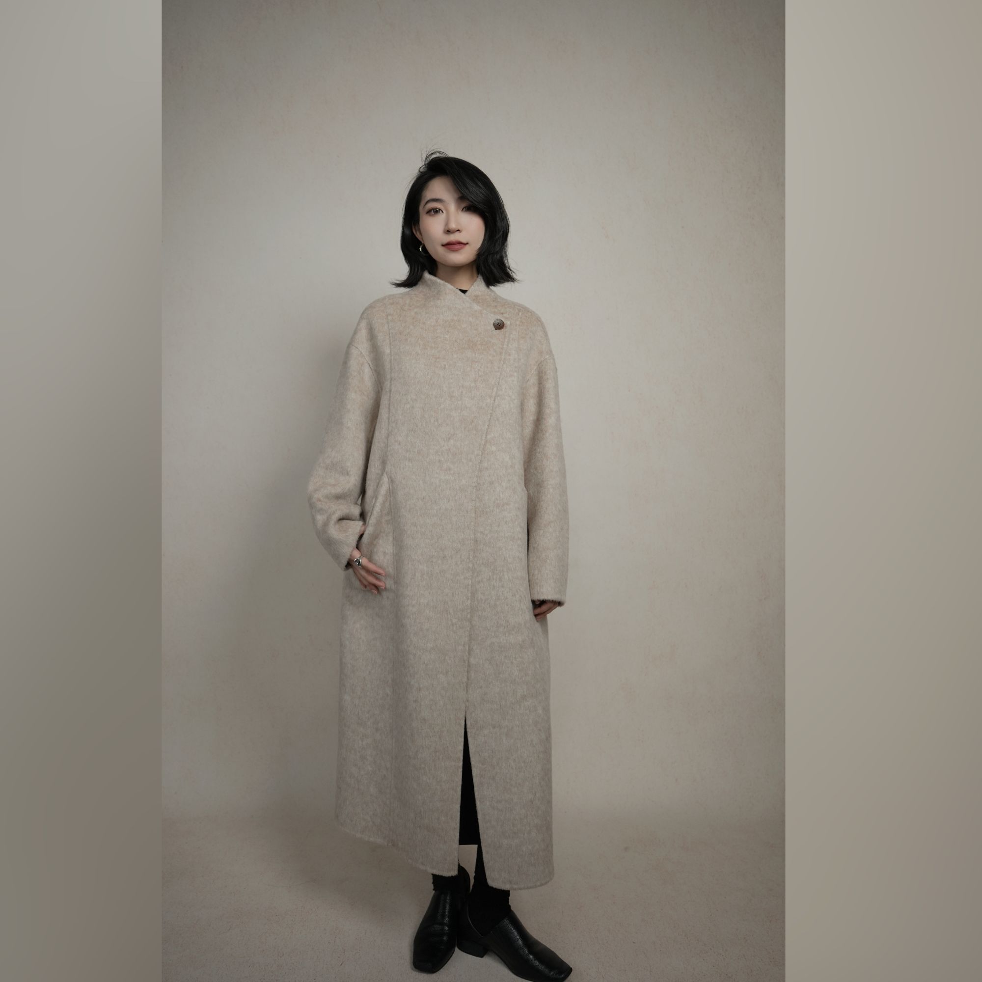 苏力贝贝羊驼毛平领假两轻淑风落肩静奢立领宽松双面大衣米色626