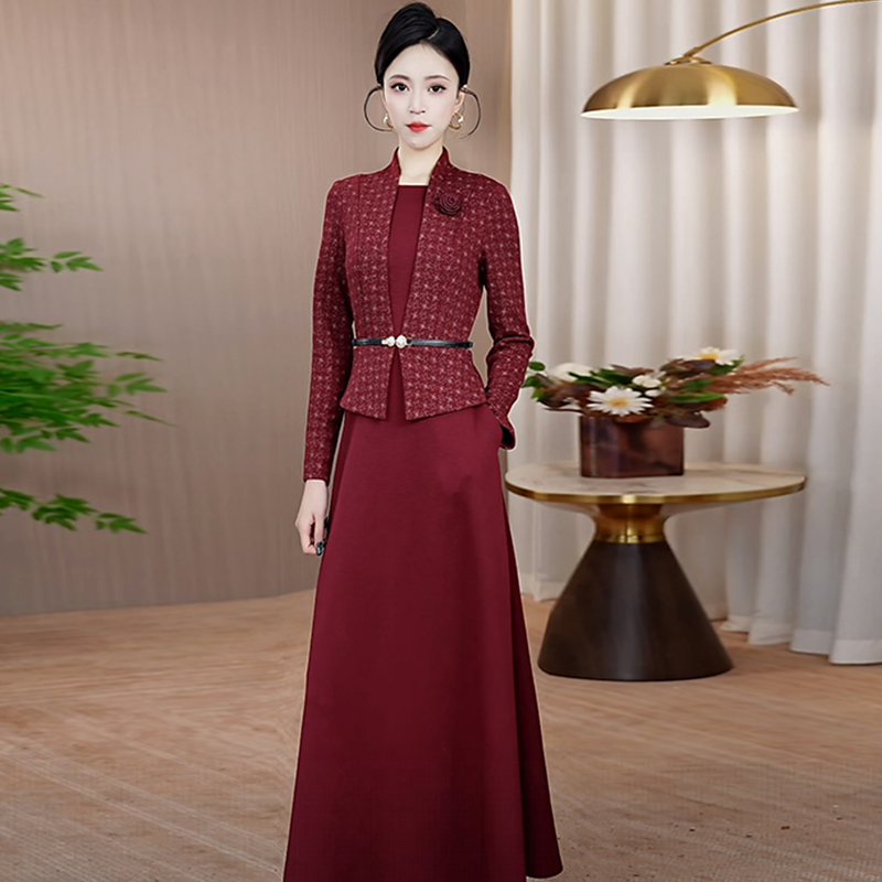 酒红色假两件连衣裙女2025秋季新款修身显瘦气质婚宴裙子优雅长裙