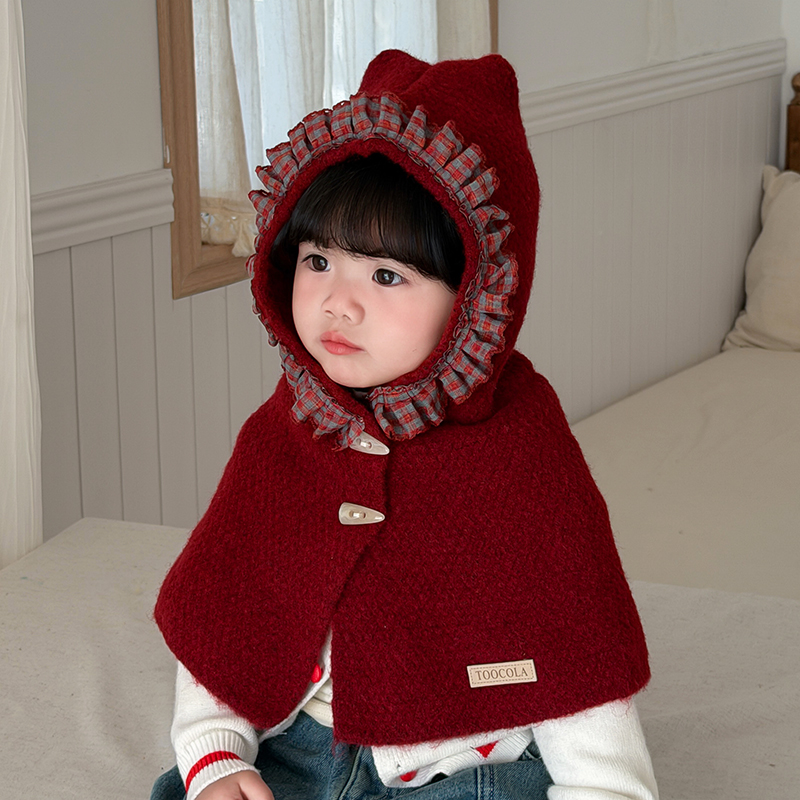 宝宝帽子针织帽套头帽秋冬外出加厚保暖斗篷披肩帽围一体公主ins