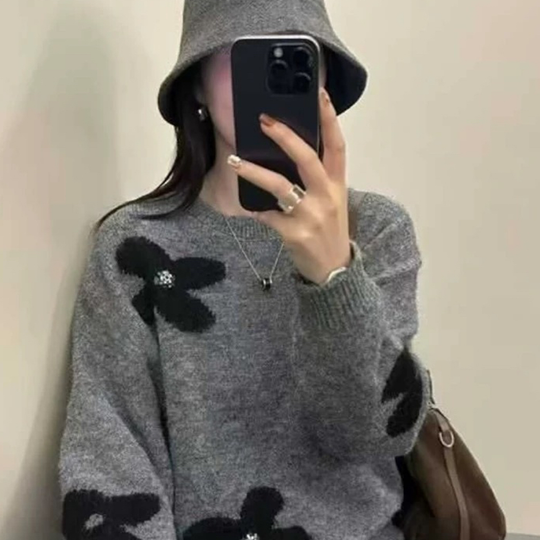提花慵懒风圆领花朵加厚针织衫毛针织衫针织常规款时尚百搭女款