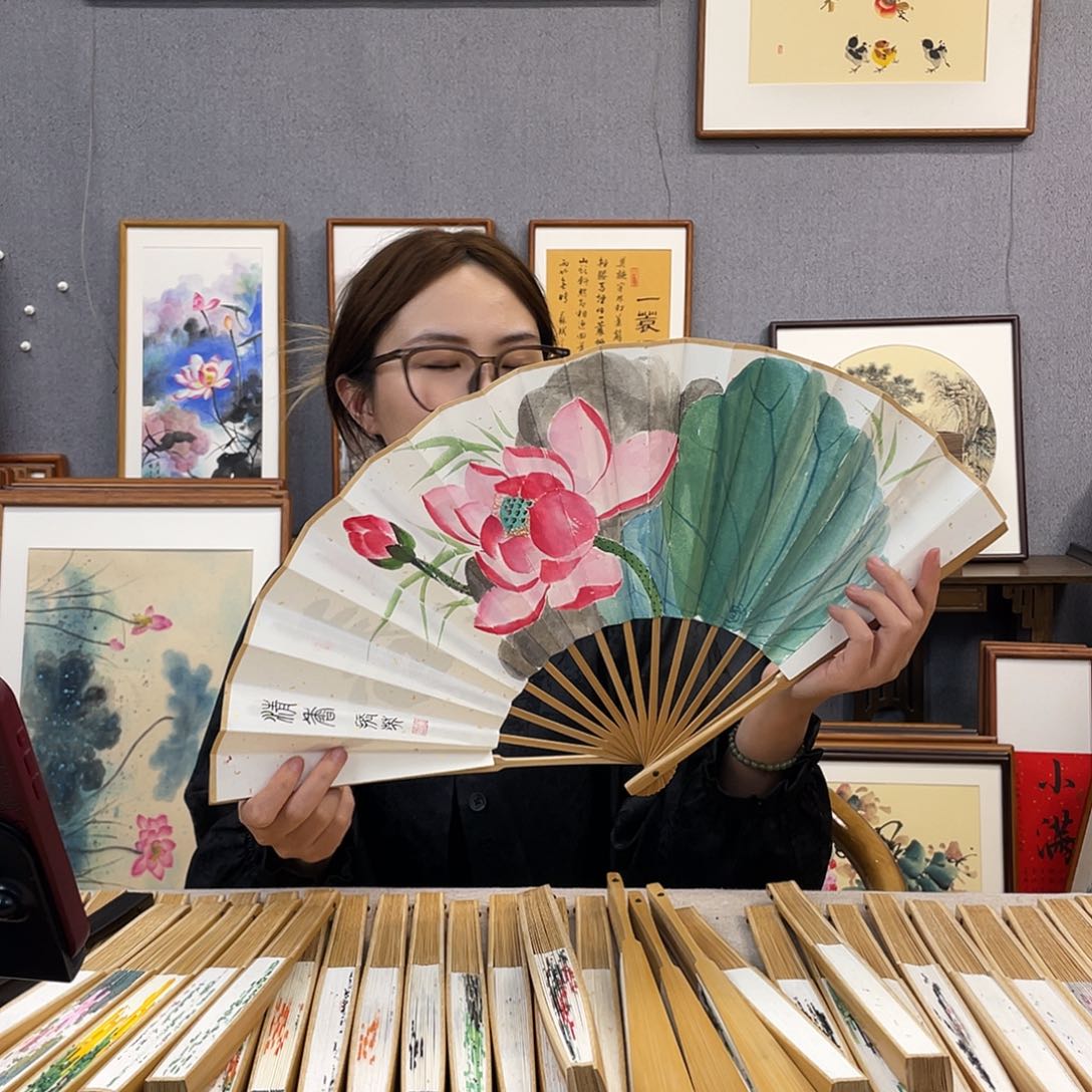 国画10寸玉竹-纯手绘-文玩扇骨（默认粘好）