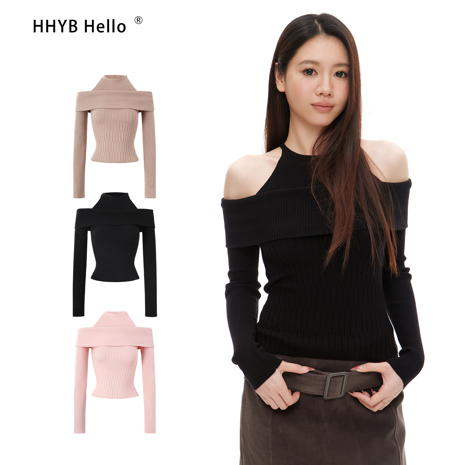 HHYB Hello2025假两件一字肩针织衫毛衣女秋冬修身露肩上衣M1366