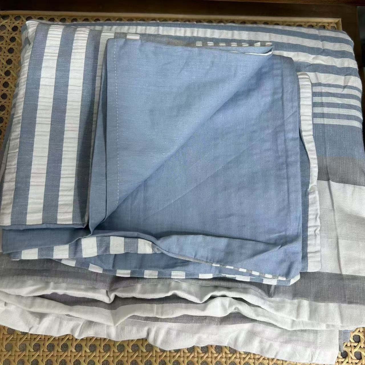 亚麻+棉混纺色织条纹被套枕套外贸单