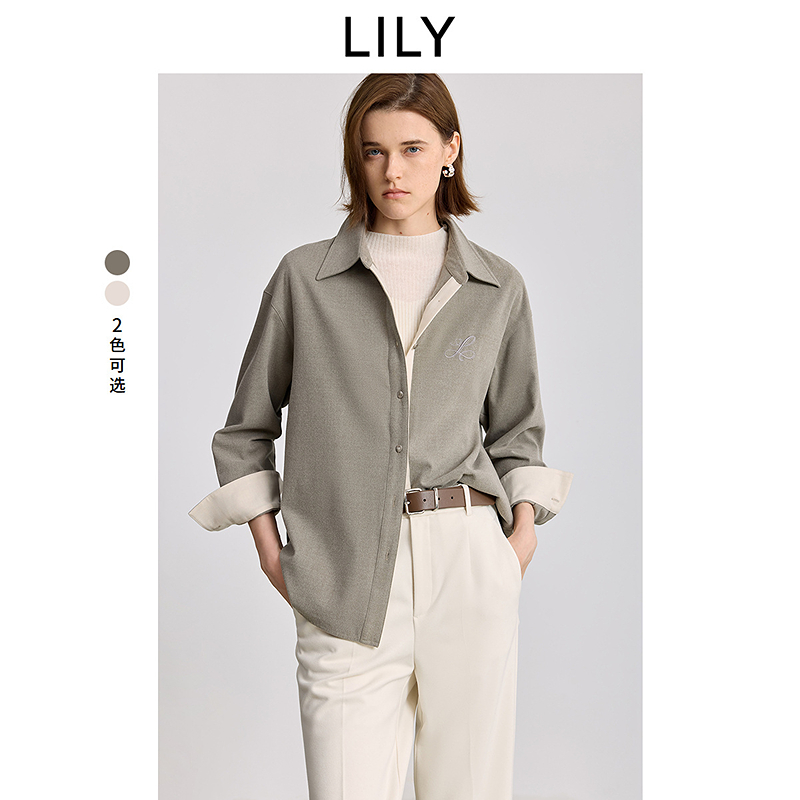 LILY2025冬新款女装双面磨毛法兰绒翻领纯色衬衫外套125429C4905