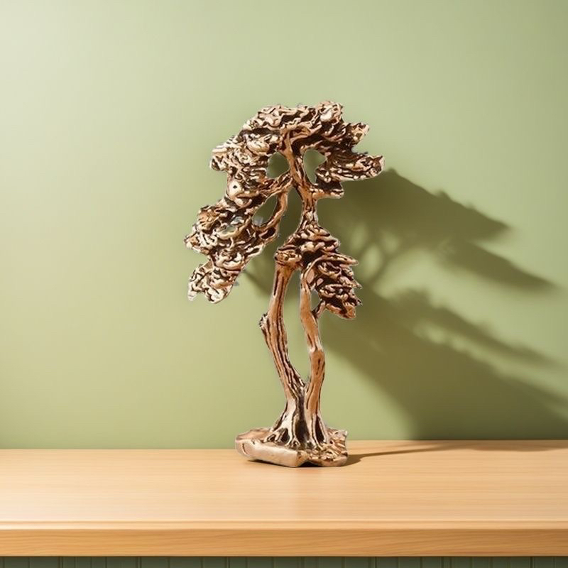 假山奇石微景观造景迎客松摆件黄铜树个性仿真松树家居装饰铜摆件