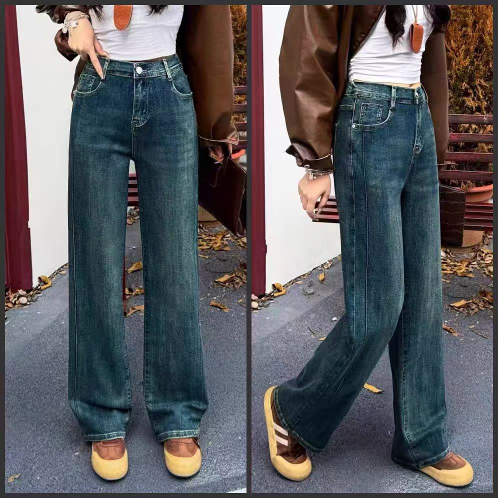 大码胖mm秋冬新款复古直筒牛仔裤女时尚高腰显瘦先腿直窄版阔腿裤