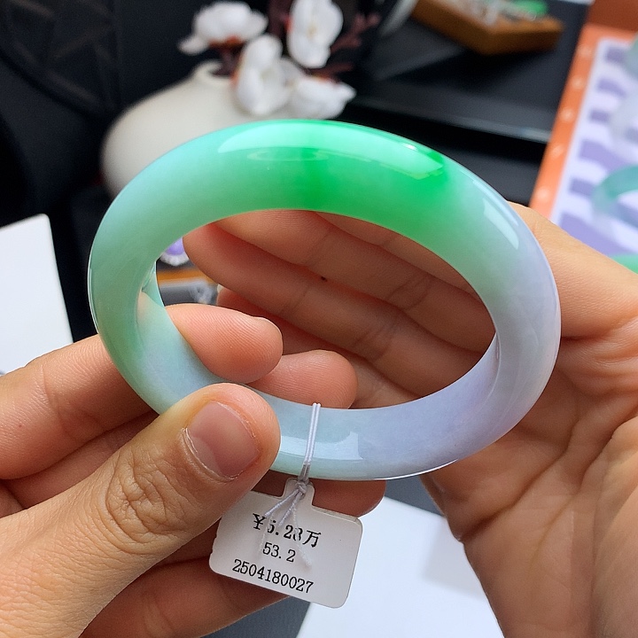 未镶嵌手镯翡翠53.5春彩正圈