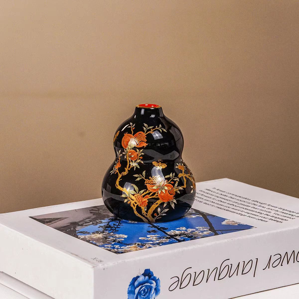 008-瓷里宝葫芦黑金石榴花瓶/高度8cm/轻奢茶舍花插摆件（众）-34