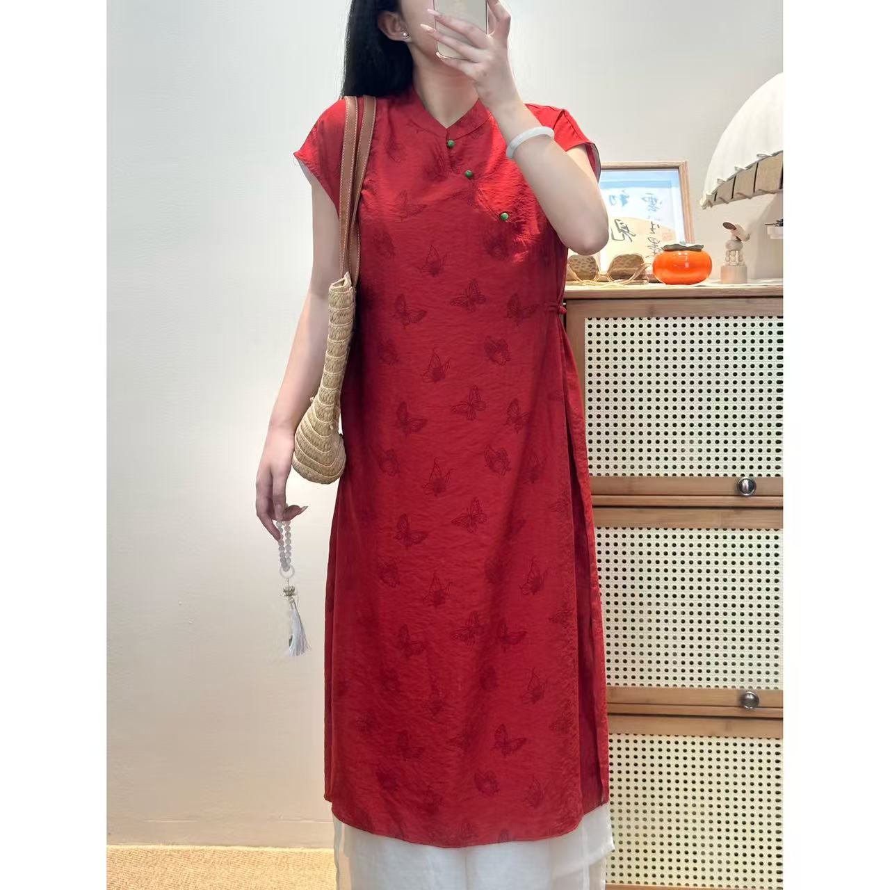 【雲笙墨-红蝶】新中式敬酒服无袖宽松腰扣连衣裙夏季气质女中国风