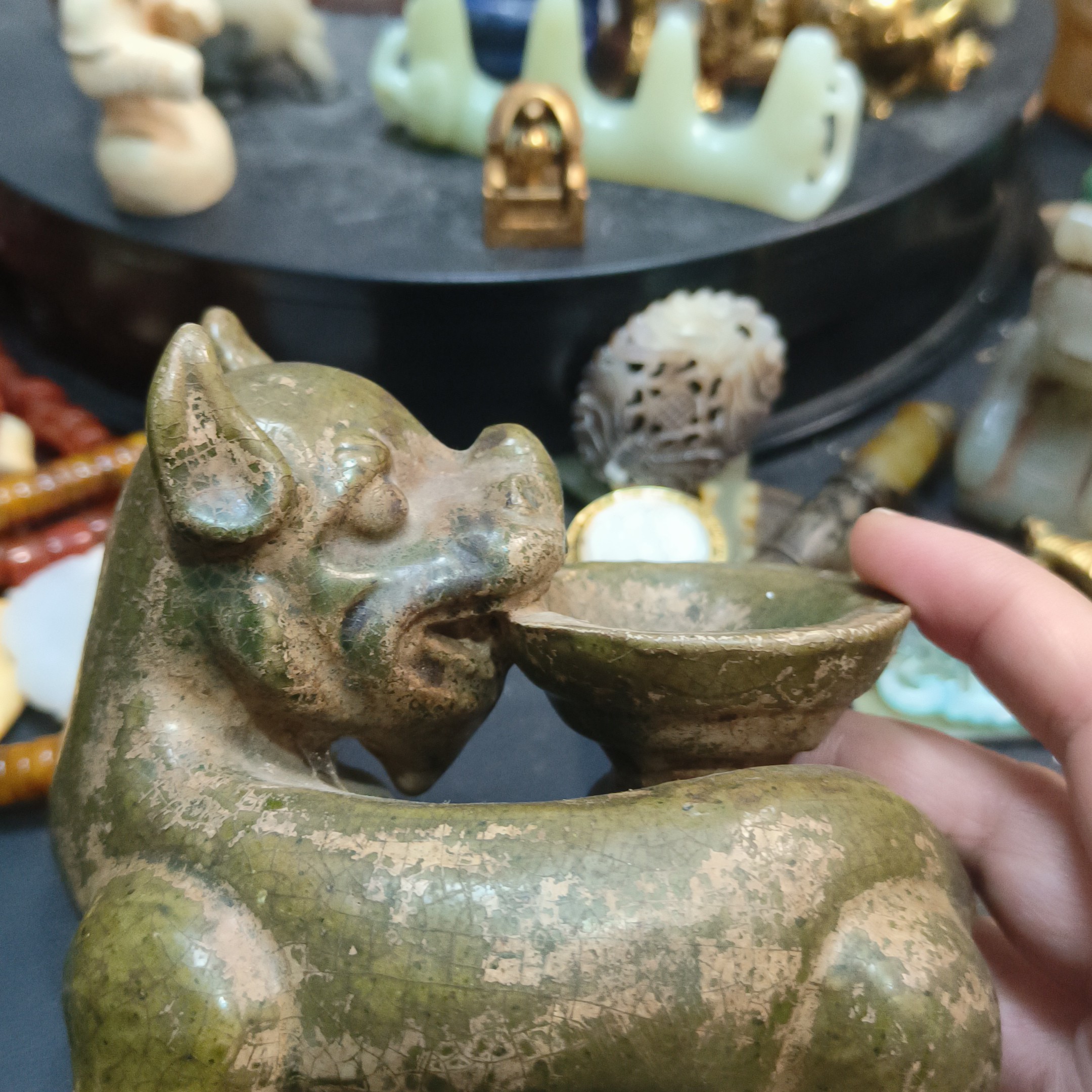 仿古瓷 老窑瓷汉绿釉兽灯