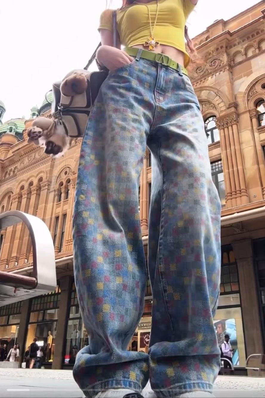 彩色棋盘格子提花牛仔裤女2025年夏季新款宽松时尚潮流高腰阔腿裤