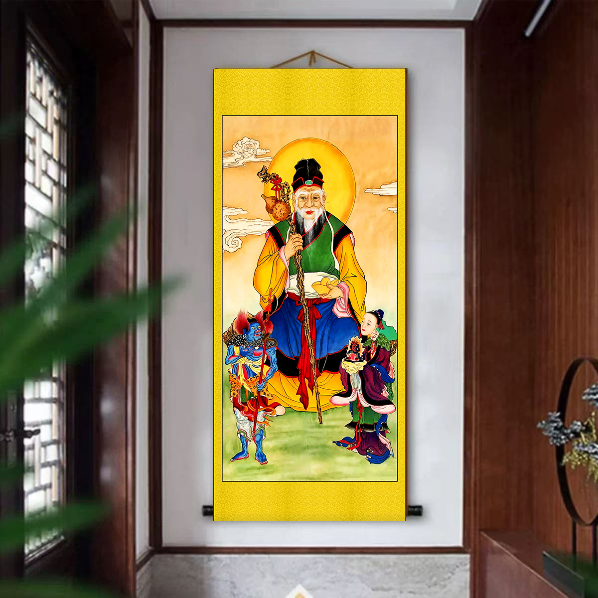 圆轴高清土地爷中式入户进门玄关实木装饰画过道走廊挂画