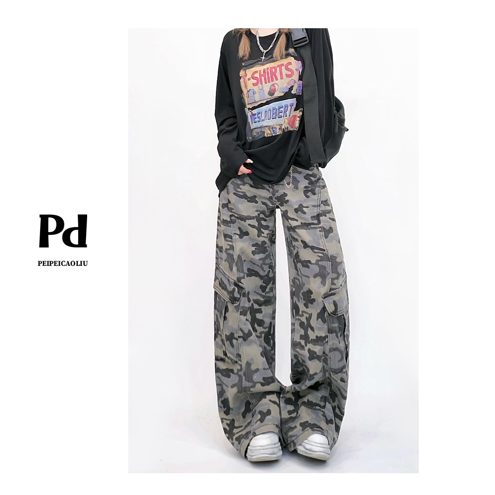 PPEI·【静噪】LC1153秋季新款迷彩工装阔腿裤高街显瘦直筒牛仔裤女