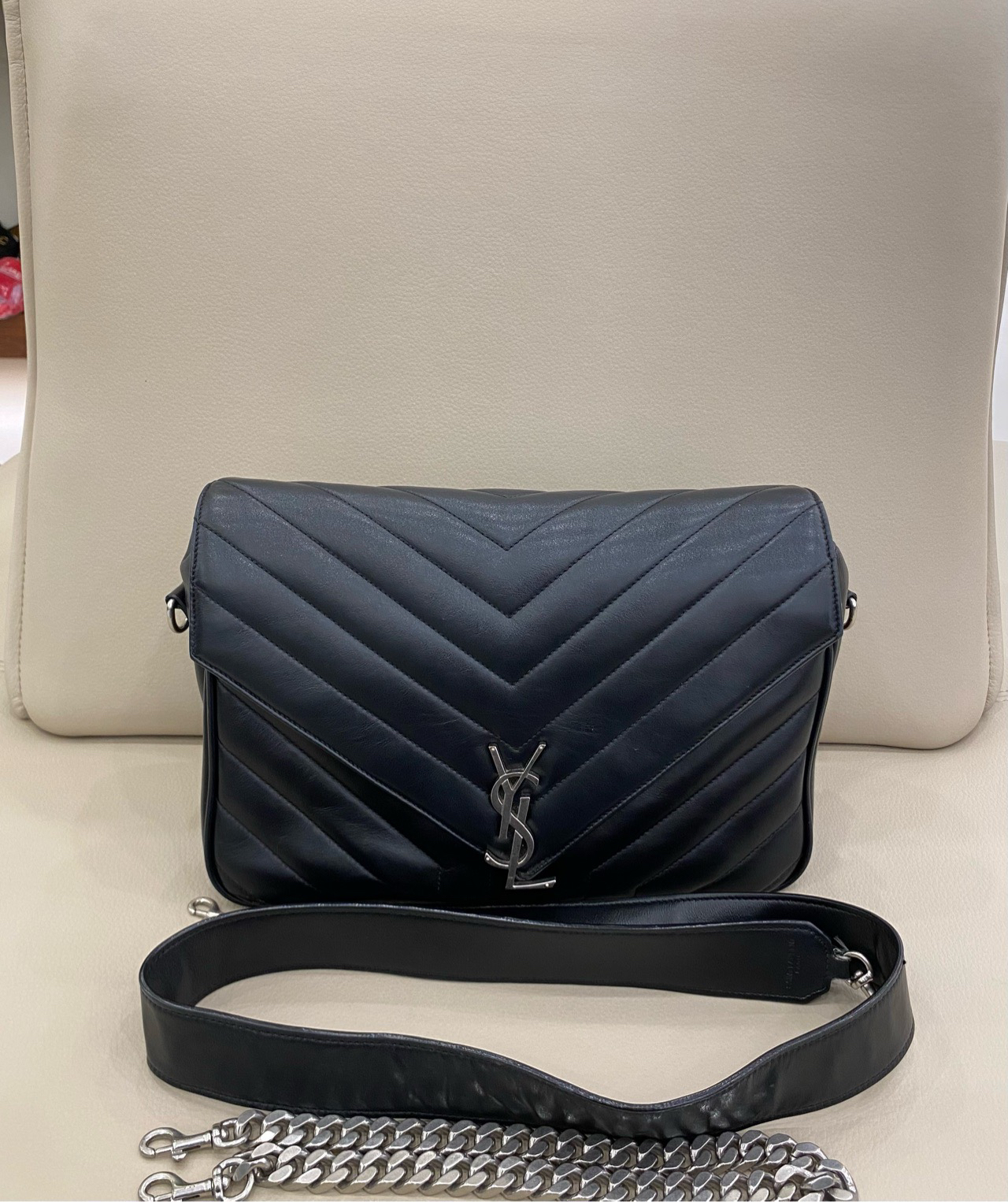 95新 YSL/圣罗兰 大号黑银单肩斜挎包 两根肩带 底长31cm