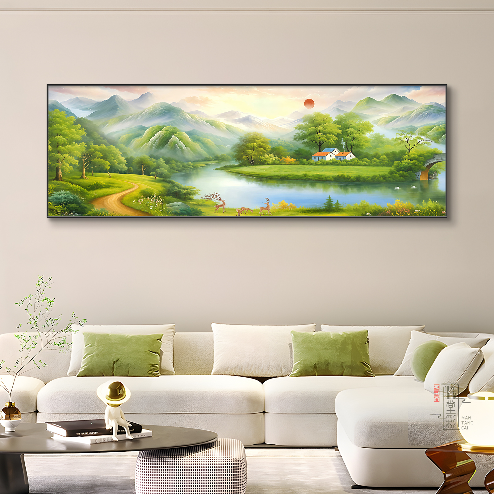 旭日东升福居宝地聚宝盆客厅装饰画现代轻奢高档沙发背景墙山水画