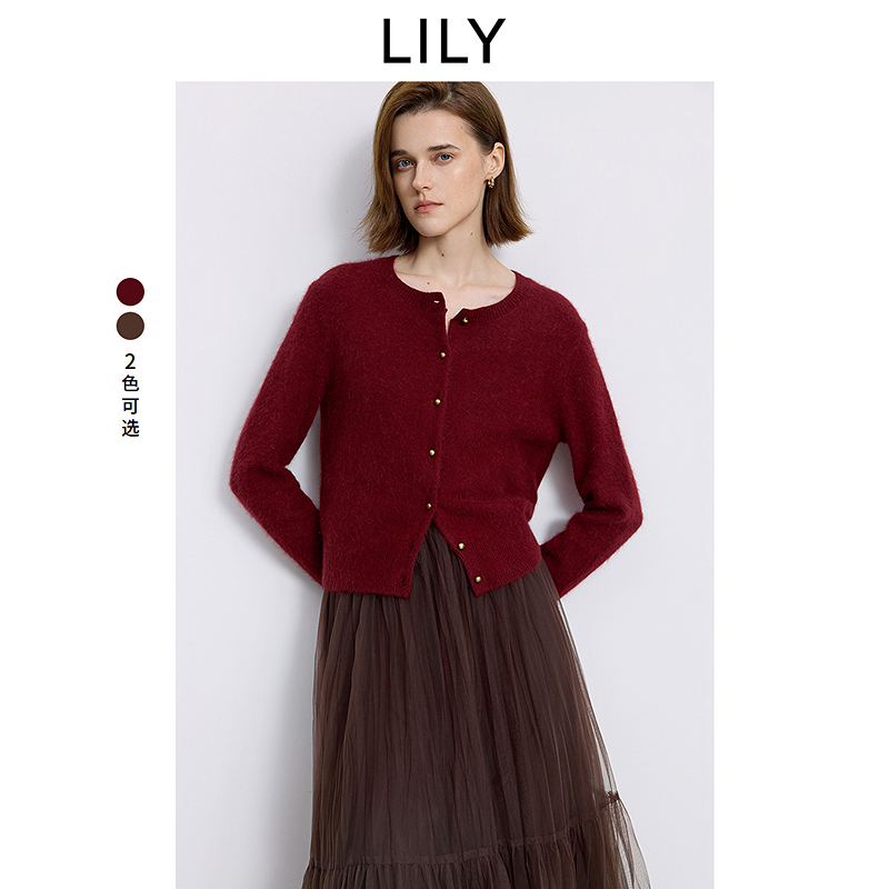 LILY2025冬新款浣熊绒羊毛混纺加厚加绒针织开衫外套125469TC924