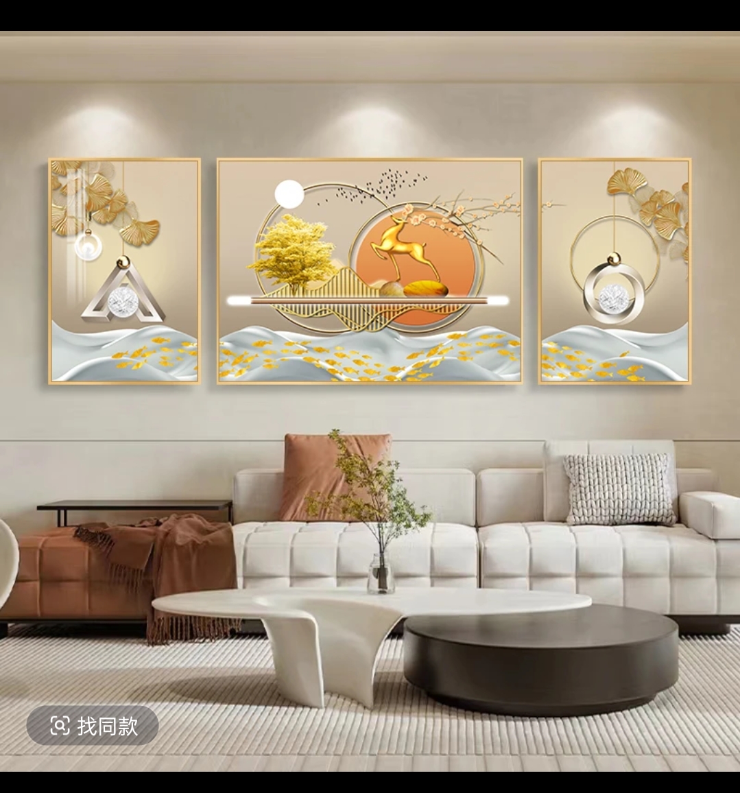 简约福禄主题沙发背景墙晶瓷镶钻三联装饰画