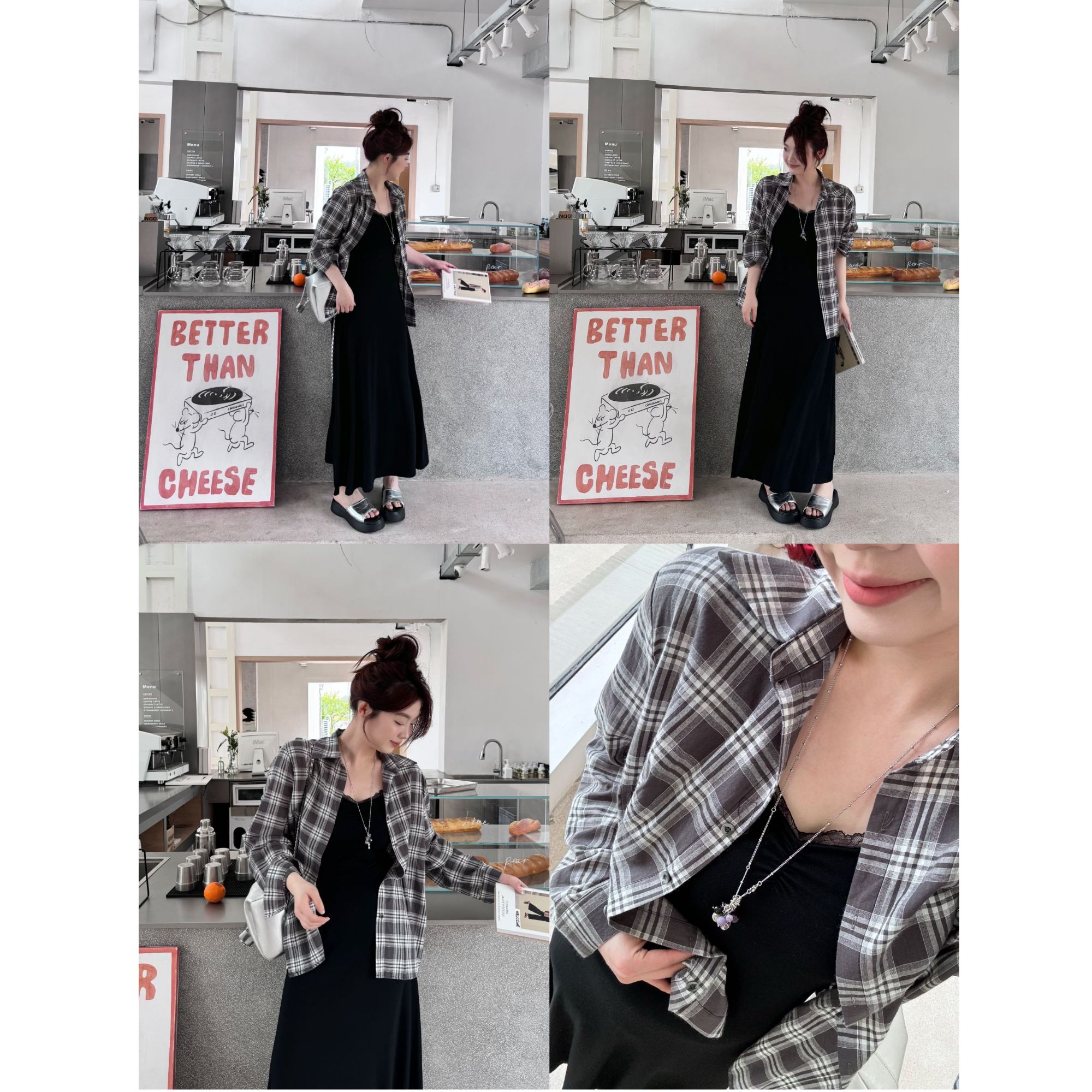 【时髦公式】领口蕾丝边纯色吊带裙+格纹翻领长袖防晒外套