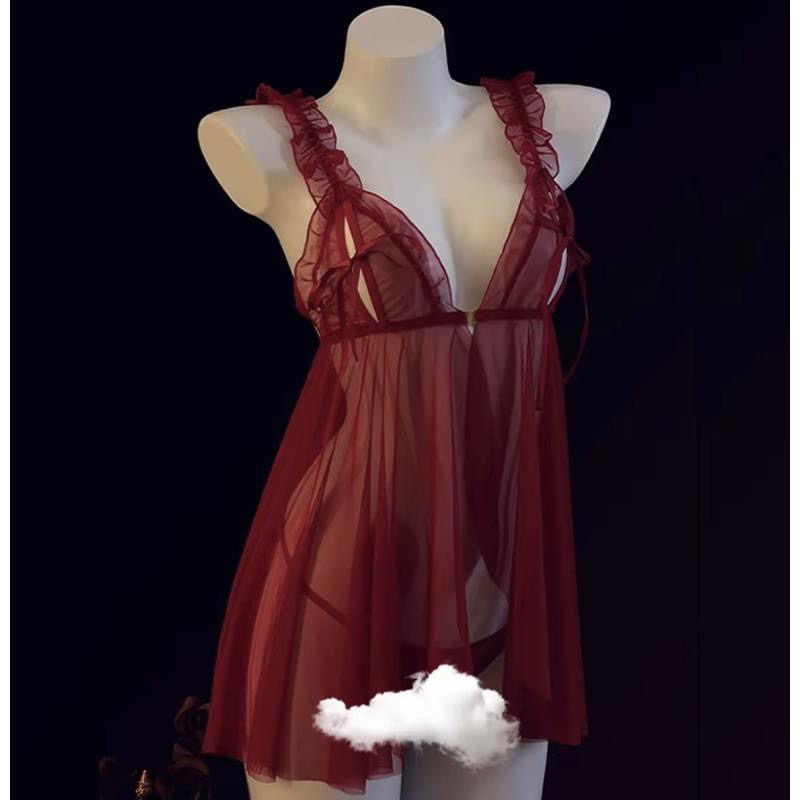 贝丽红帘一梦80-200斤新款性感红色网纱透肚兜睡裙纯欲大码吊带女