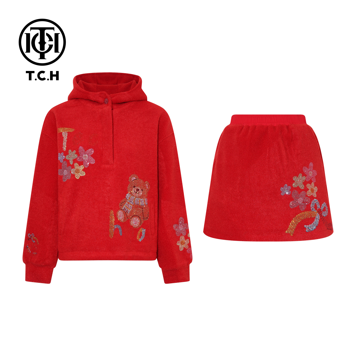 TCH【官搭推荐】冬款百搭时尚烫钻淑女红色女装套装T75D07E1090