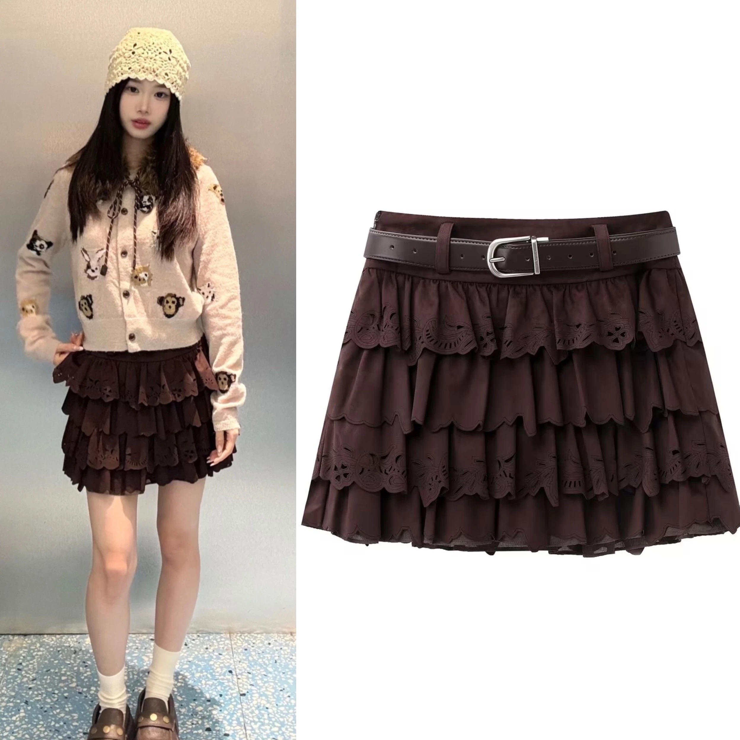 【J055】2025冬季波嬉风垂坠感镂空咖蛋糕短裙