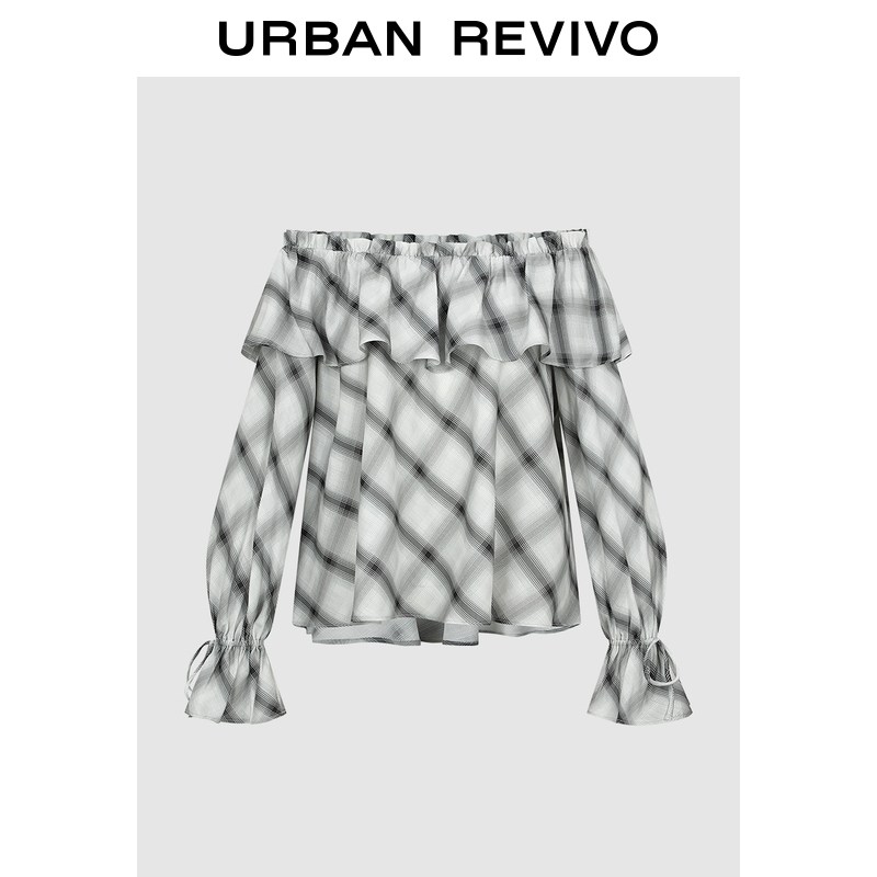 UR2026春季新款女装休闲格纹一字领超宽松罩衫衬衫UWH260010