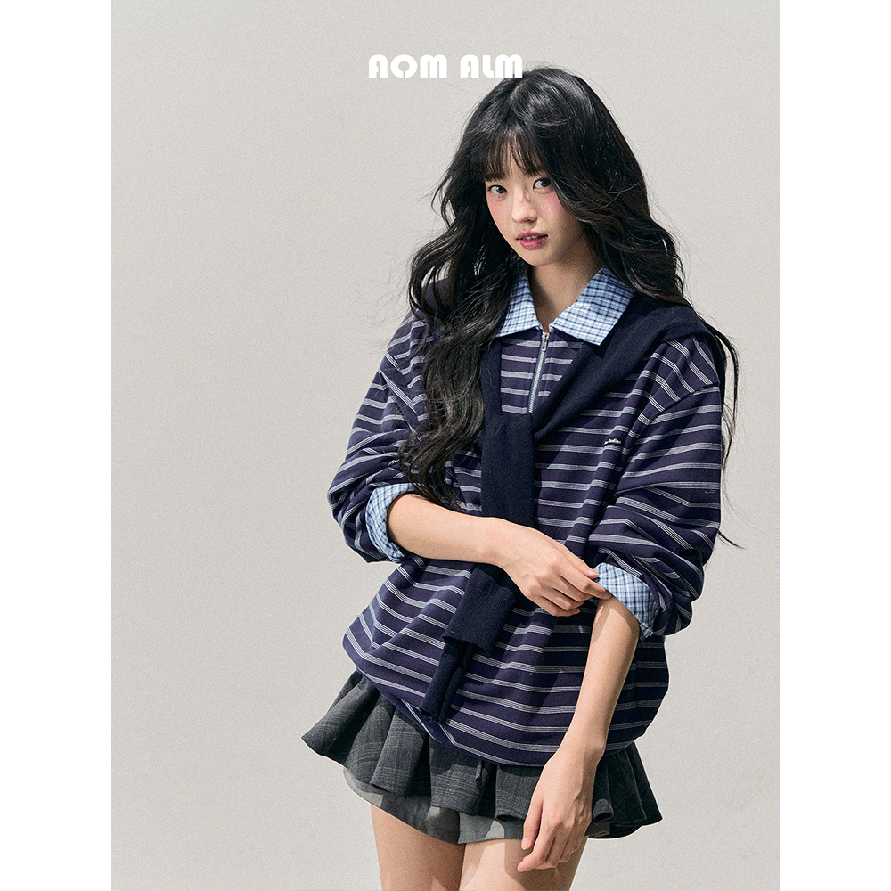 AOMALM少也眼"她消逝于蔚蓝"假两件美式条纹T恤女秋冬polo领上衣