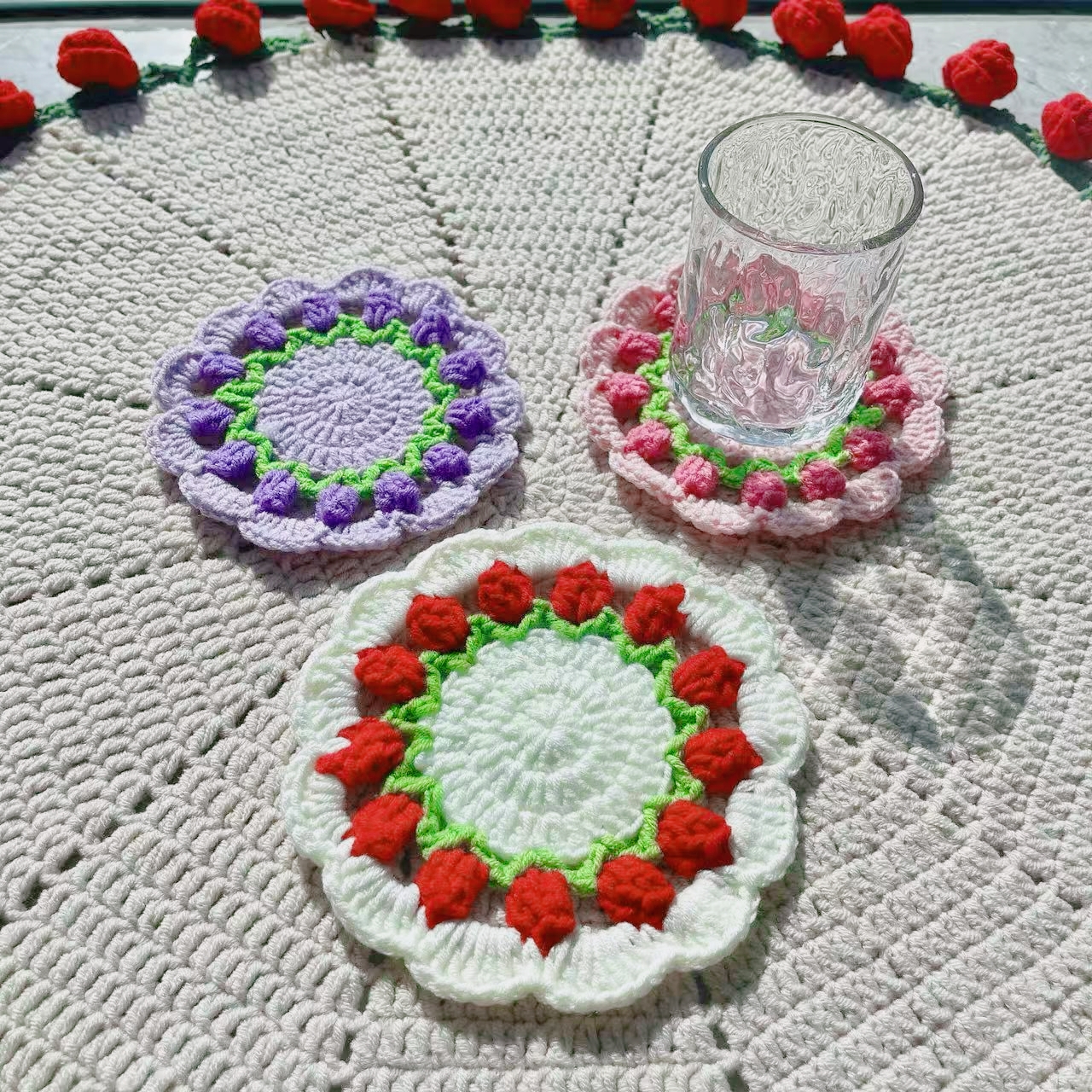 郁金香花朵杯垫向日葵手工毛线钩织成品小清新创意礼物送闺蜜杯垫