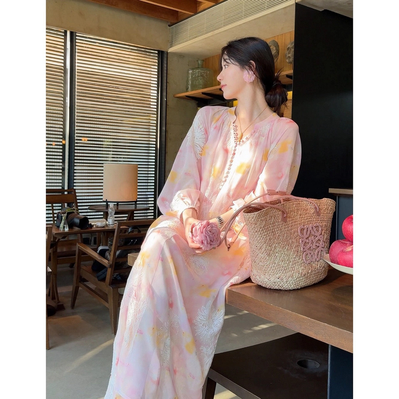 【古韵风华】法式粉色刺绣温柔风宽松显瘦灯笼袖气质绝美仙女长裙