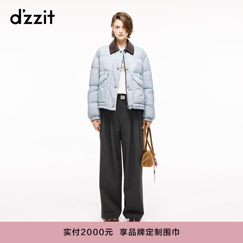 【dzzit高颜值羽绒】地素26春拼接复古翻领印花羽绒外套女3K1KB061S