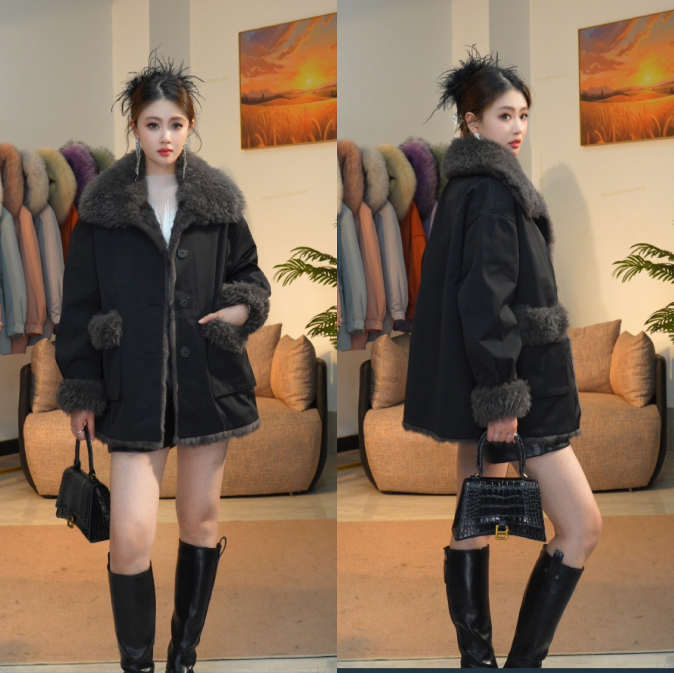 【浮冬】 A2592毛袖25年新款大衣女士秋冬中长款时尚大气百搭风衣