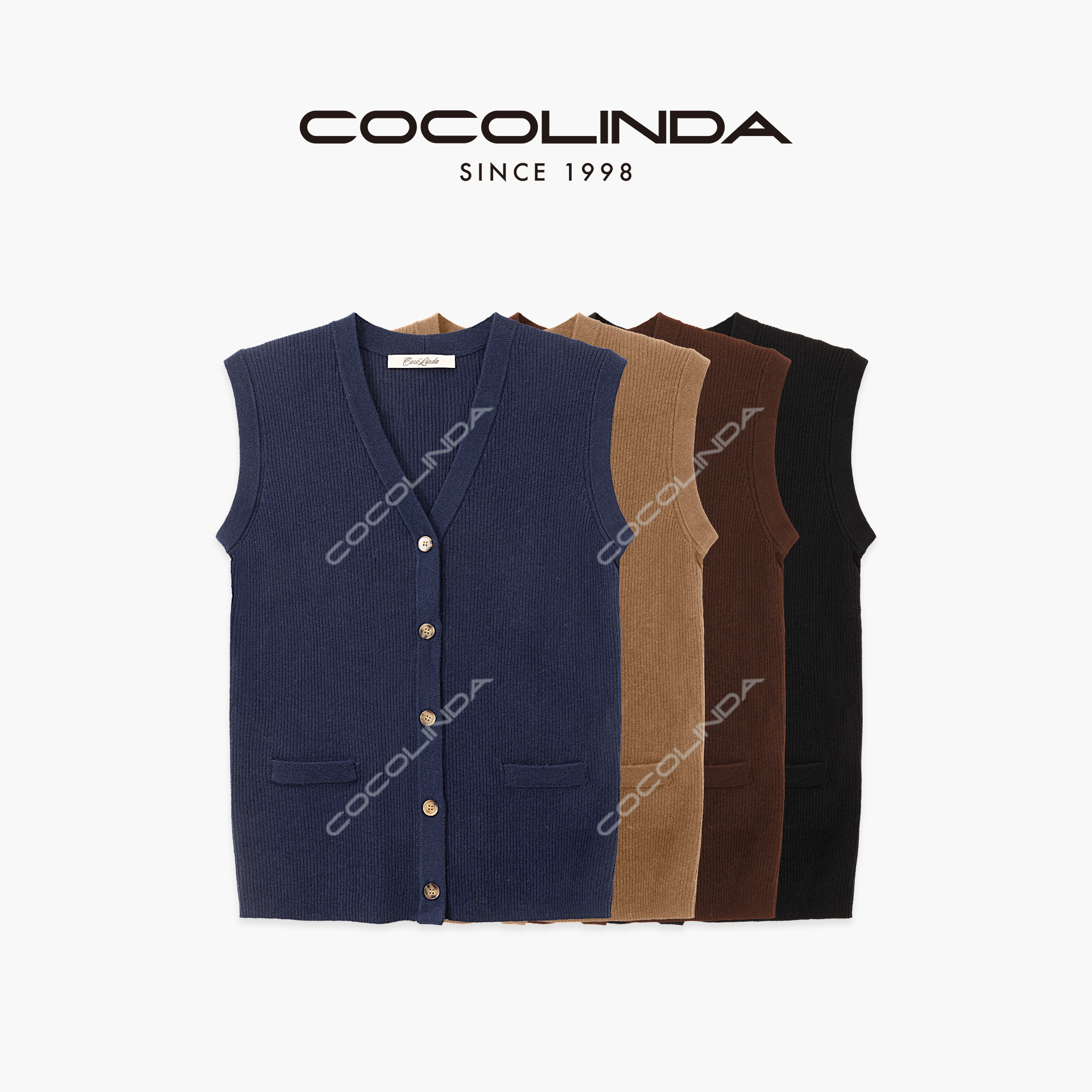 COCOLINDA |绵羊毛14针四色坑条工艺欧美性感女人味V领坎袖S5178