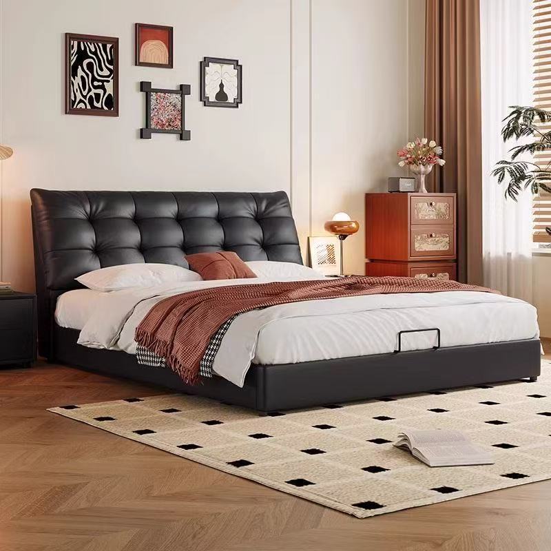 奢梦达2629#黑色黑熊真皮简约主卧现代意式大床双人高端大气婚床