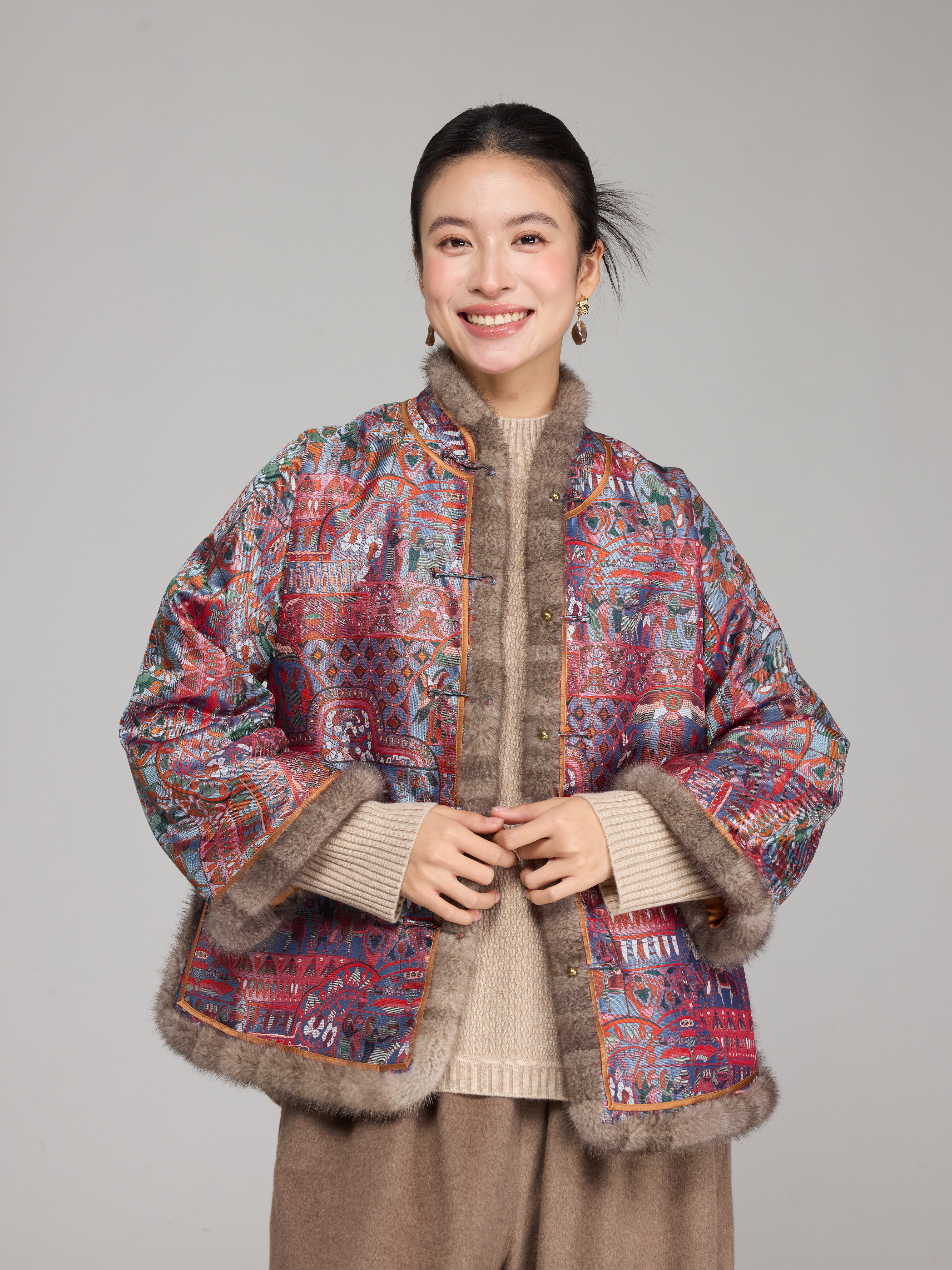 初见十三娘『临江仙』新中式国风水貂毛秋冬保暖蜀锦短棉服百搭日常