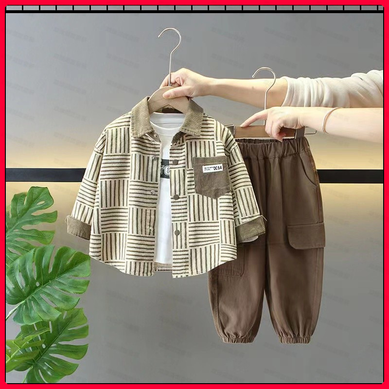 男童春秋季中小童灯芯绒衬衫儿童男孩宝宝衬衣三件套