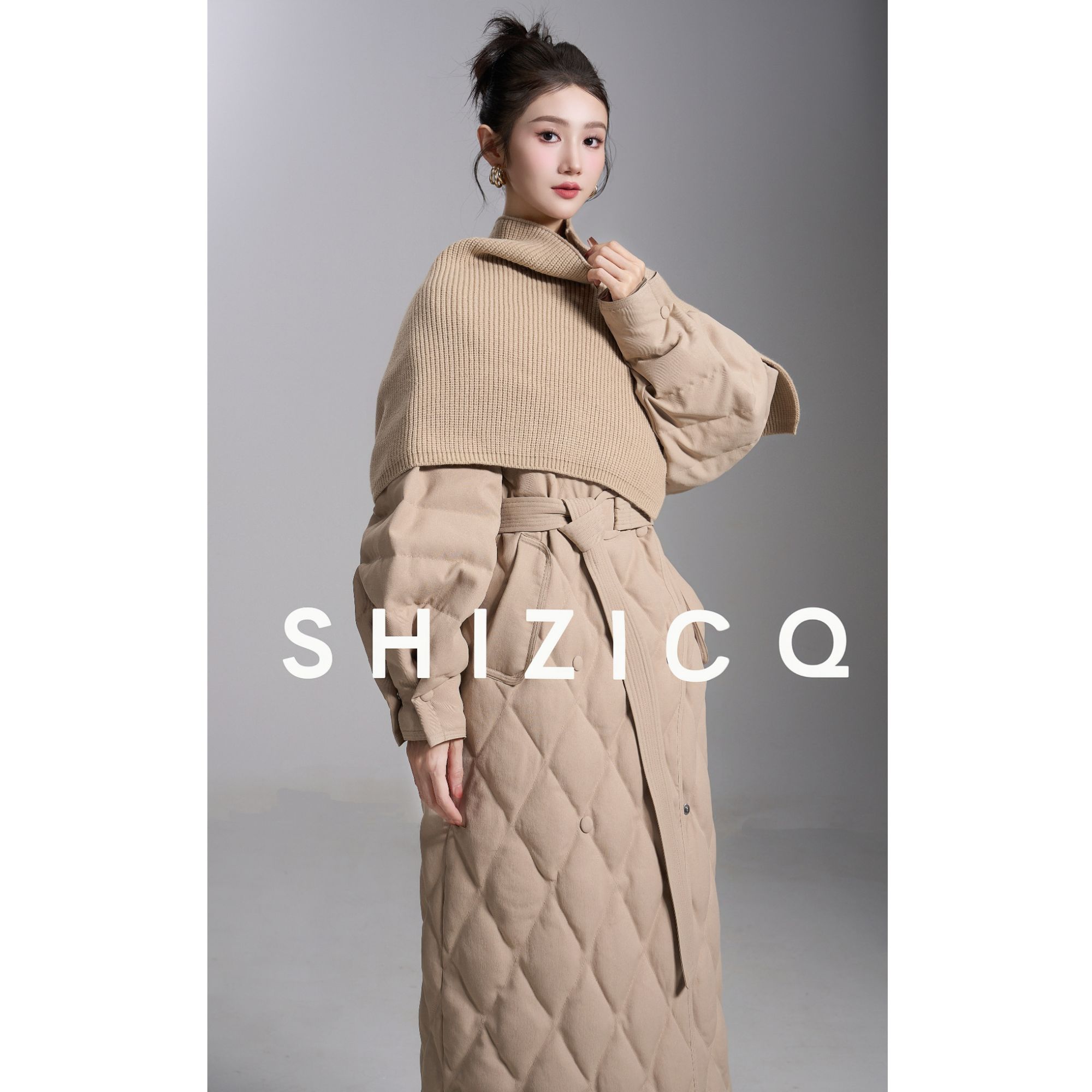SHIZICQ【杜鹃】2025冬季新款新国标羽绒可拆卸针织毛领长款羽绒服