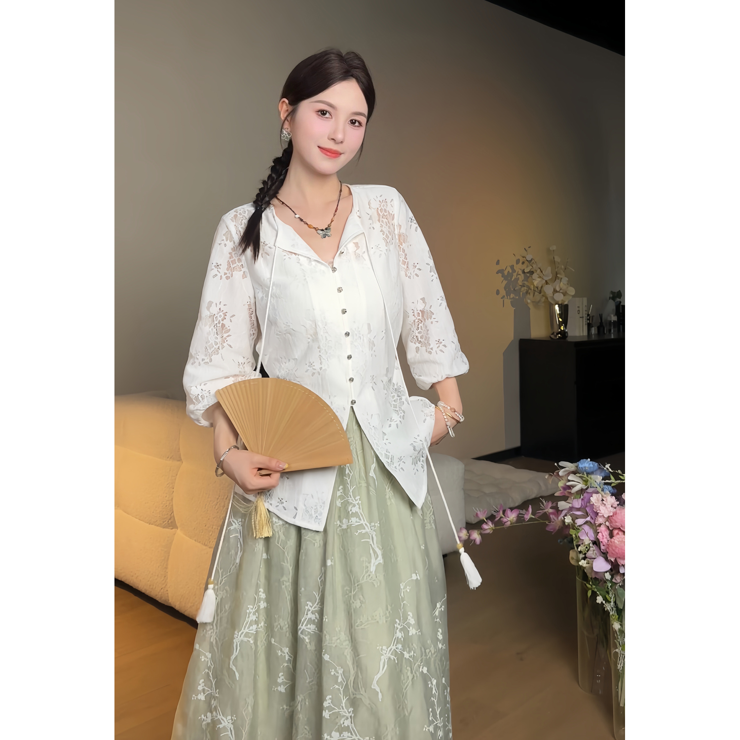 YAMM~新中式清冷感绑带流苏衬衫中袖显瘦百搭衬衣夏季复古