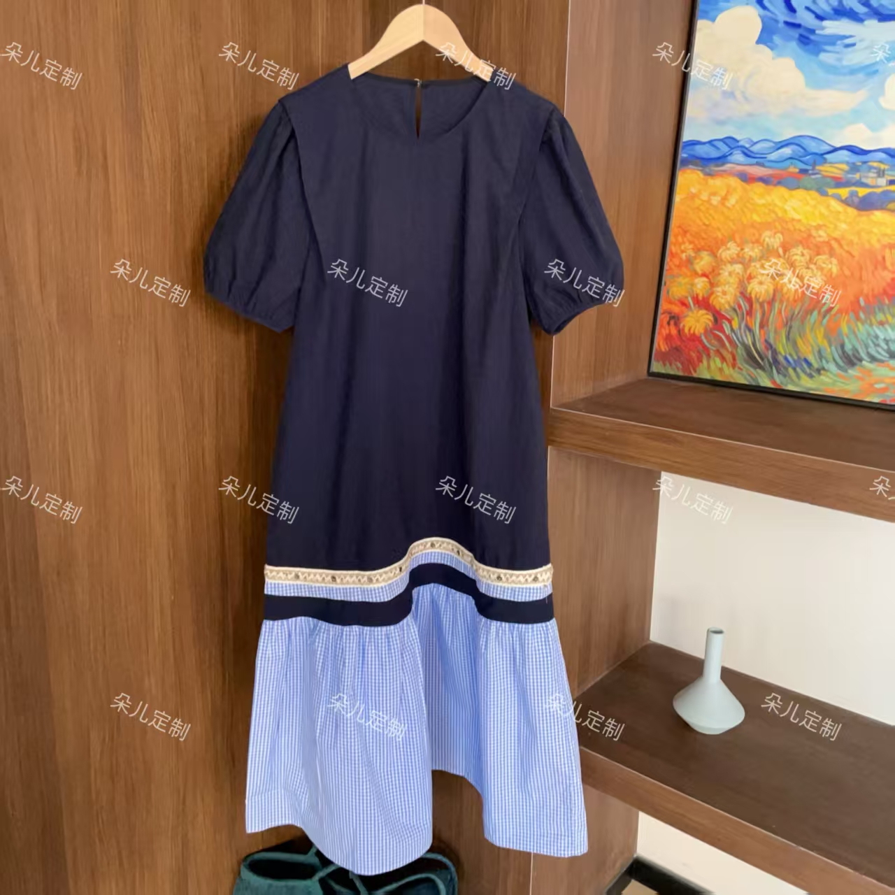 朵儿定制 【浅月】压褶拼接撞色长款荷叶边连衣裙 IS37
