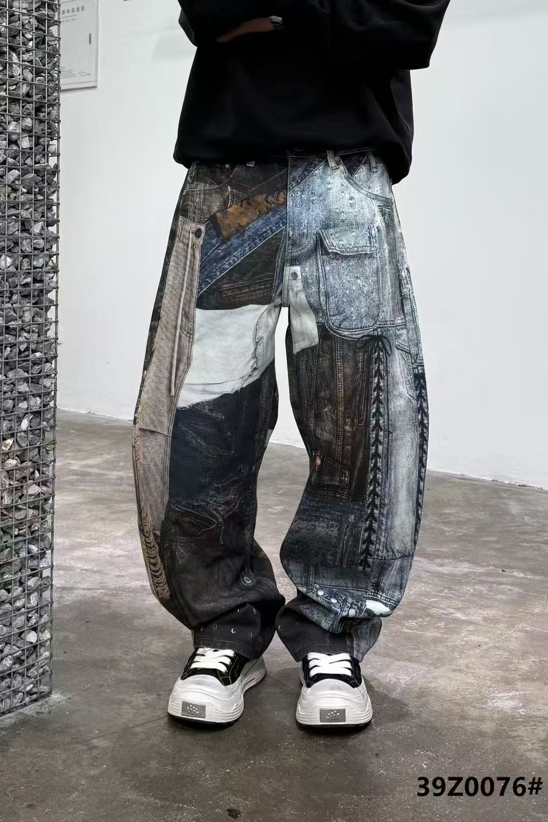 美式街头复古拼布数码印牛仔裤男女2025秋冬潮牌个性宽松阔腿长裤
