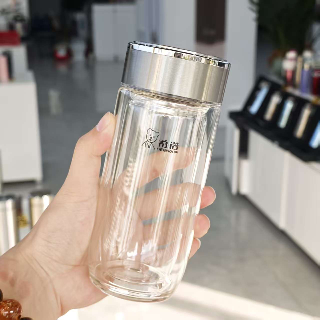 希诺升级款双层鹅蛋玻璃杯商务水杯办公室泡茶杯隔热防烫7157A