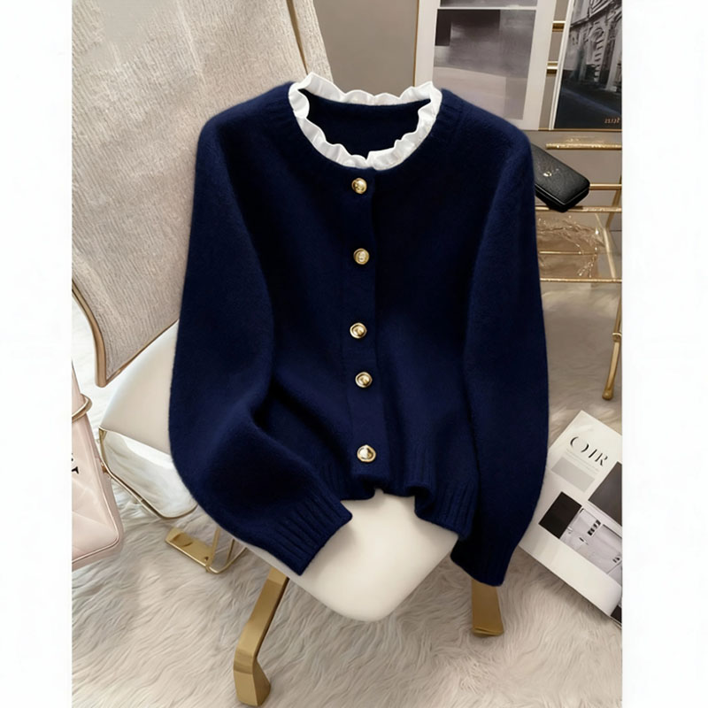 秋季韩系穿搭设计感小众长袖针织衫女高级感小香风藏蓝色毛衣上衣