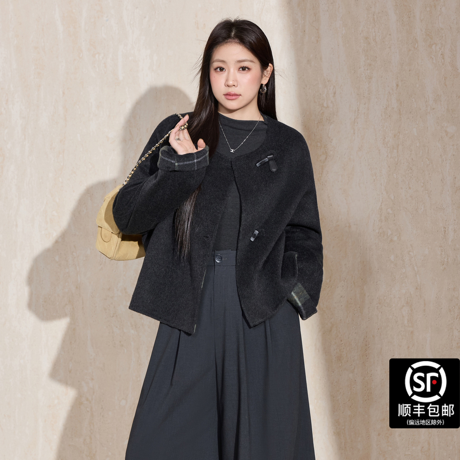 蓝语大码女装短款双面呢羊驼绒大衣2025秋冬新款气质圆领毛呢外套