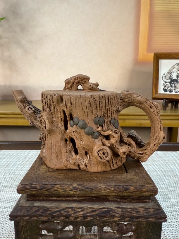 全手工原创粗砂老段泥松段壶老物件200cc精美茶具纯手工手捏浮雕