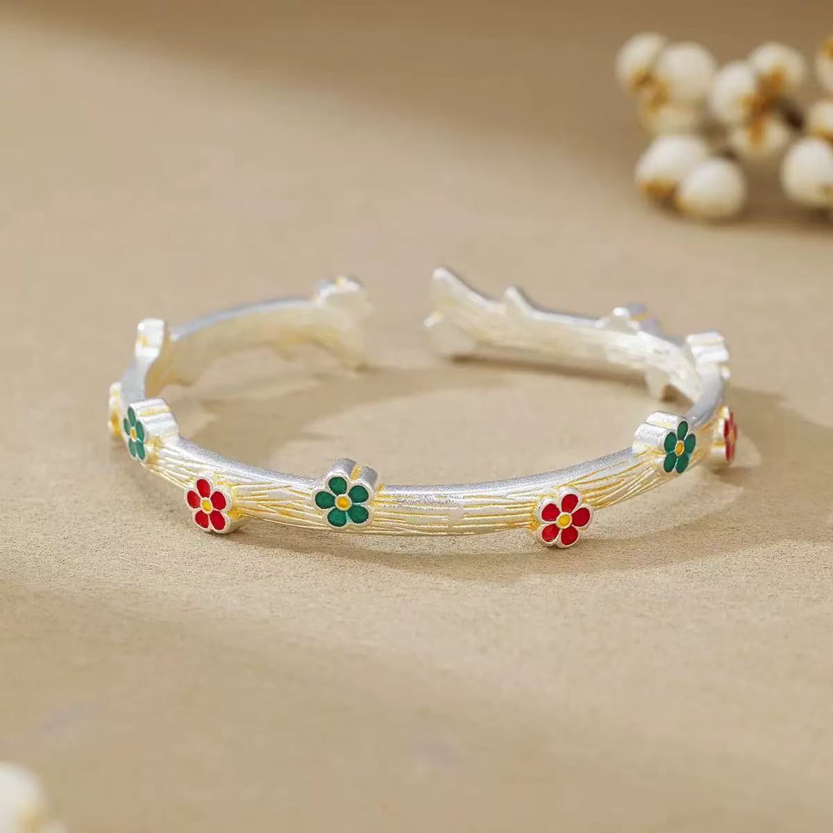 足银银制品 D14珐琅多彩花朵手镯开口款
