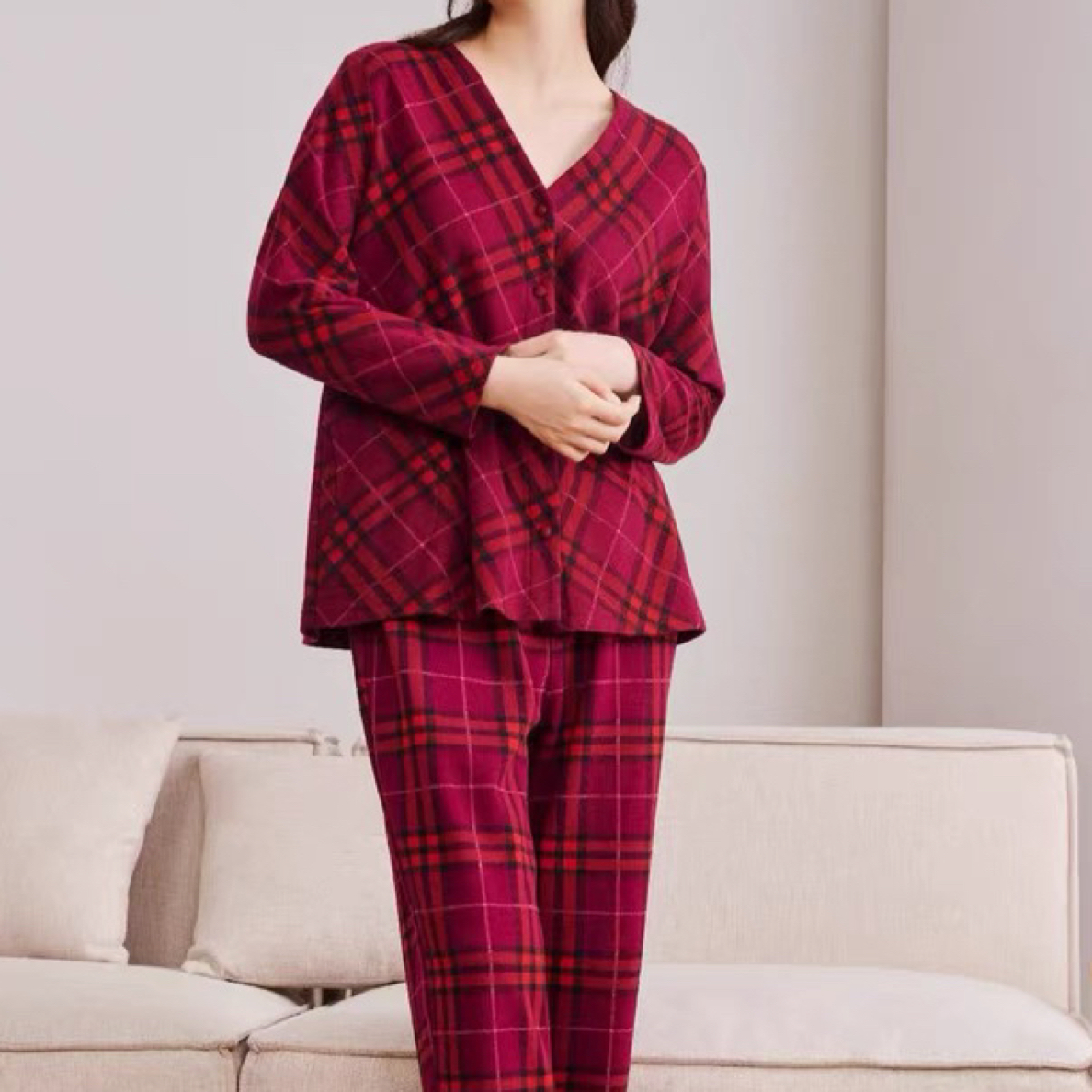 宽画秋冬经典格纹长袖对开家居服套装