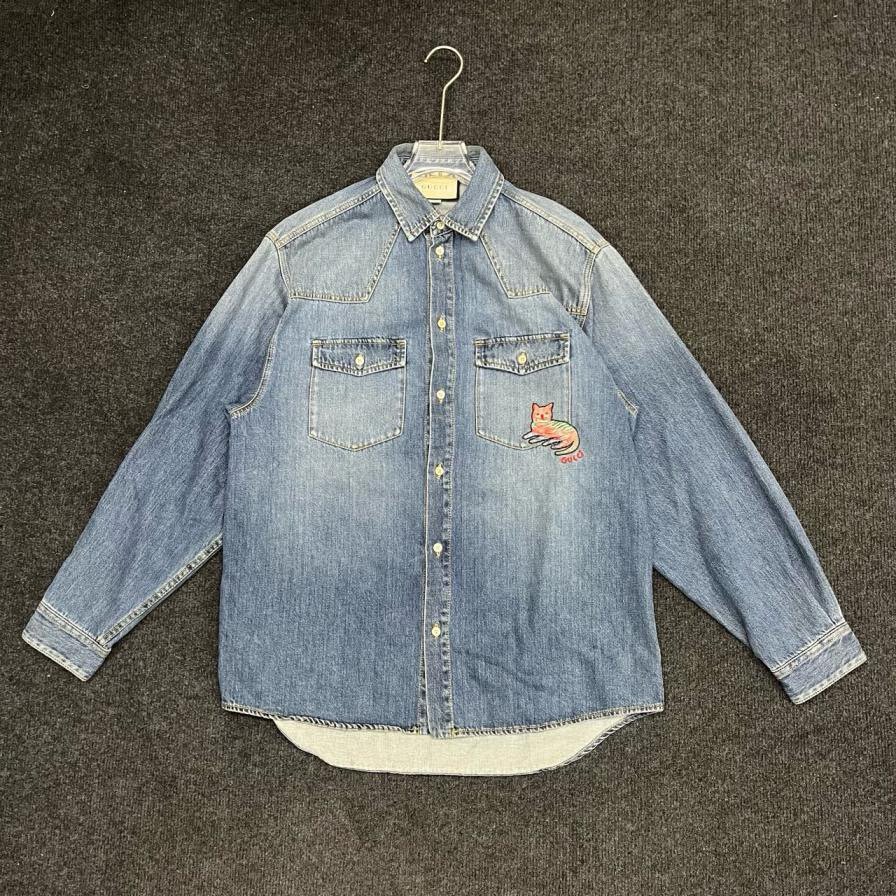 99新 GUCCI/古驰 牛仔水洗猫咪刺绣衬衫外套/尺码46