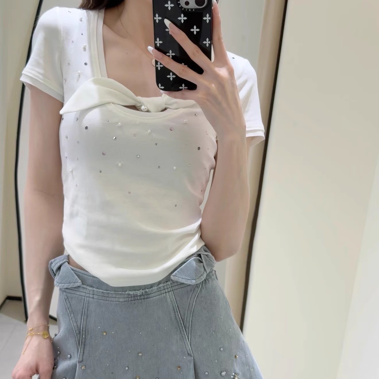六六甜美少女！兔耳朵绑带设计感钉珠白色短袖T恤25夏新款