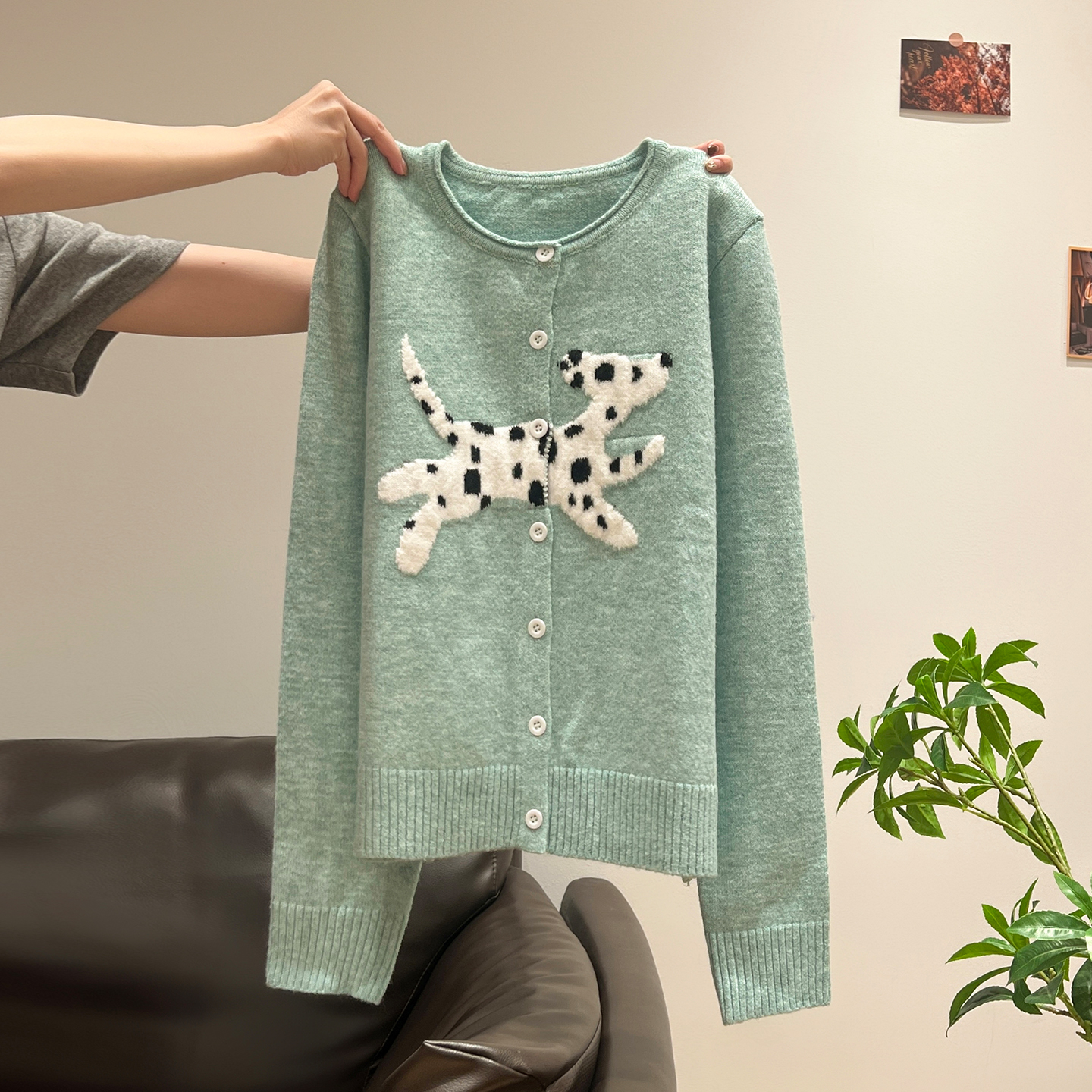 慵懒风小狗提花加厚毛衣外套女2025年秋冬季宽松长袖针织开衫上衣