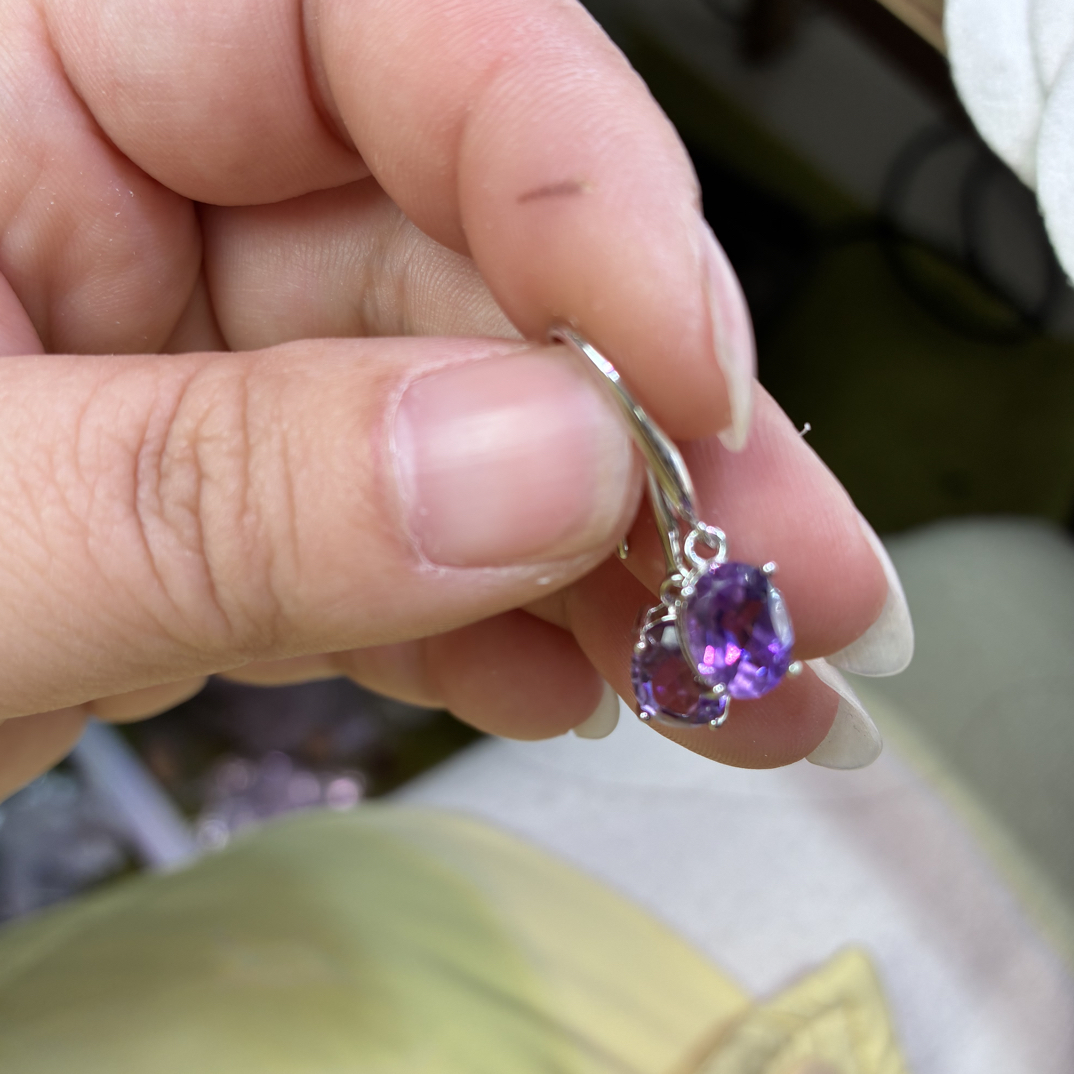 天然宝石紫晶耳饰通体S925银 支持复检