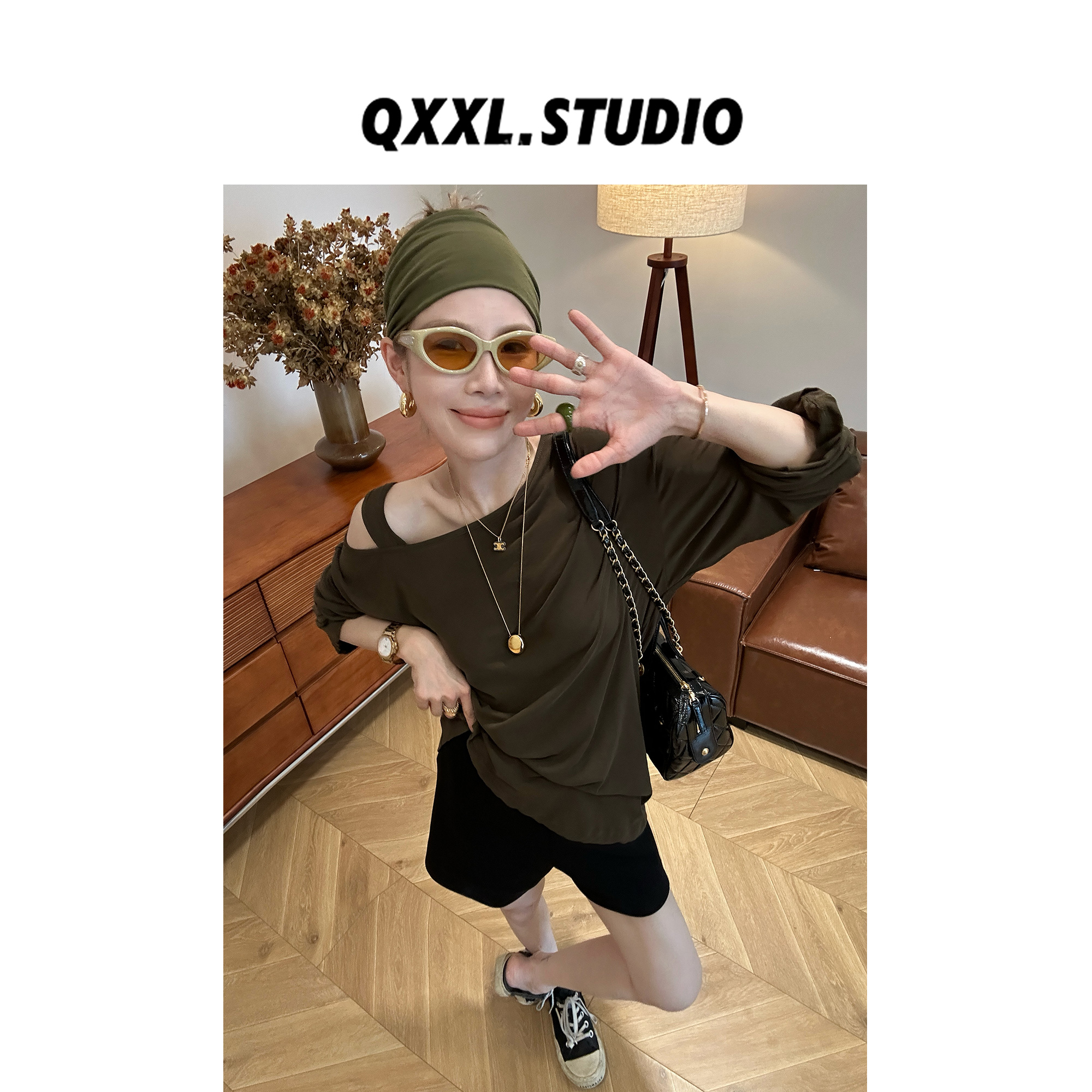 邱小小丽呀 圆夏季纯色斜肩不规则T恤女韩系百搭宽松露肩打底上衣